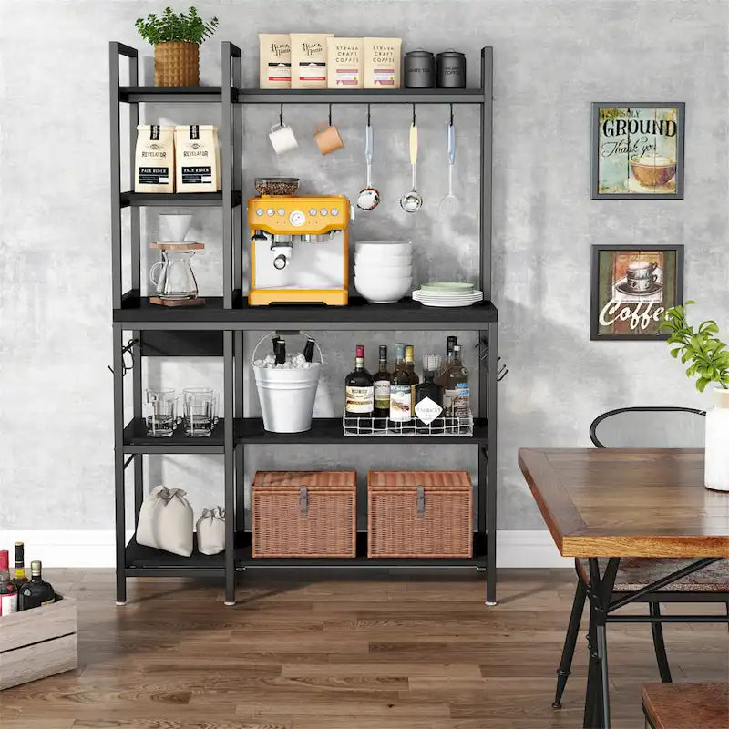Étagère de boulanger en bois industriel marron avec rangement, support de micro-ondes moderne noir, étagère de rangement utilitaire de cuisine à 5 niveaux