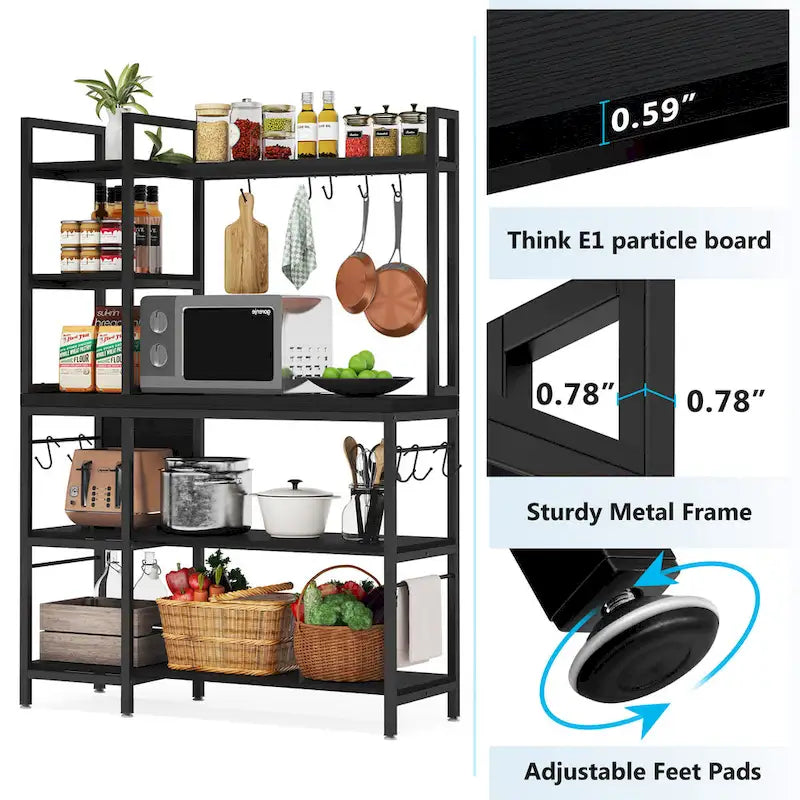 Étagère de boulanger en bois industriel marron avec rangement, support de micro-ondes moderne noir, étagère de rangement utilitaire de cuisine à 5 niveaux