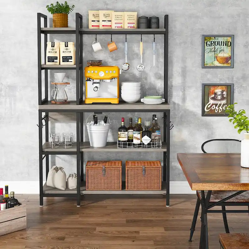 Étagère de boulanger en bois industriel marron avec rangement, support de micro-ondes moderne noir, étagère de rangement utilitaire de cuisine à 5 niveaux