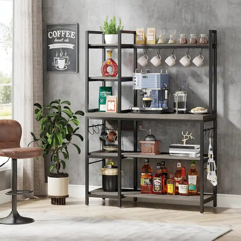 Étagère de boulanger en bois industriel marron avec rangement, support de micro-ondes moderne noir, étagère de rangement utilitaire de cuisine à 5 niveaux