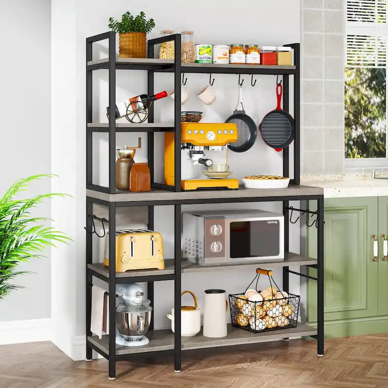 Étagère de boulanger en bois industriel marron avec rangement, support de micro-ondes moderne noir, étagère de rangement utilitaire de cuisine à 5 niveaux
