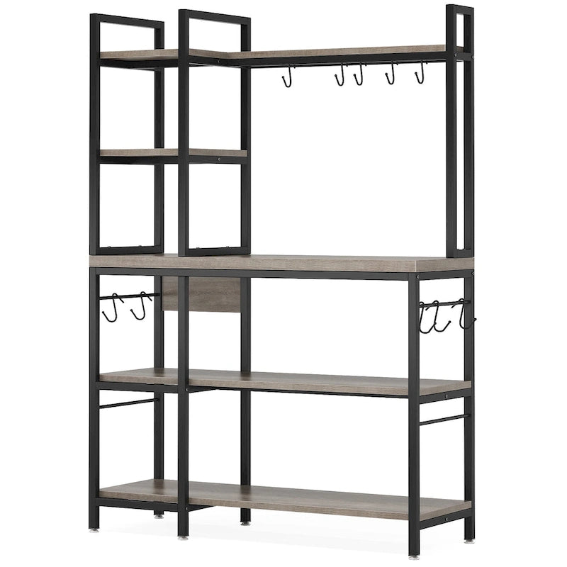 Étagère de boulanger en bois industriel marron avec rangement, support de micro-ondes moderne noir, étagère de rangement utilitaire de cuisine à 5 niveaux