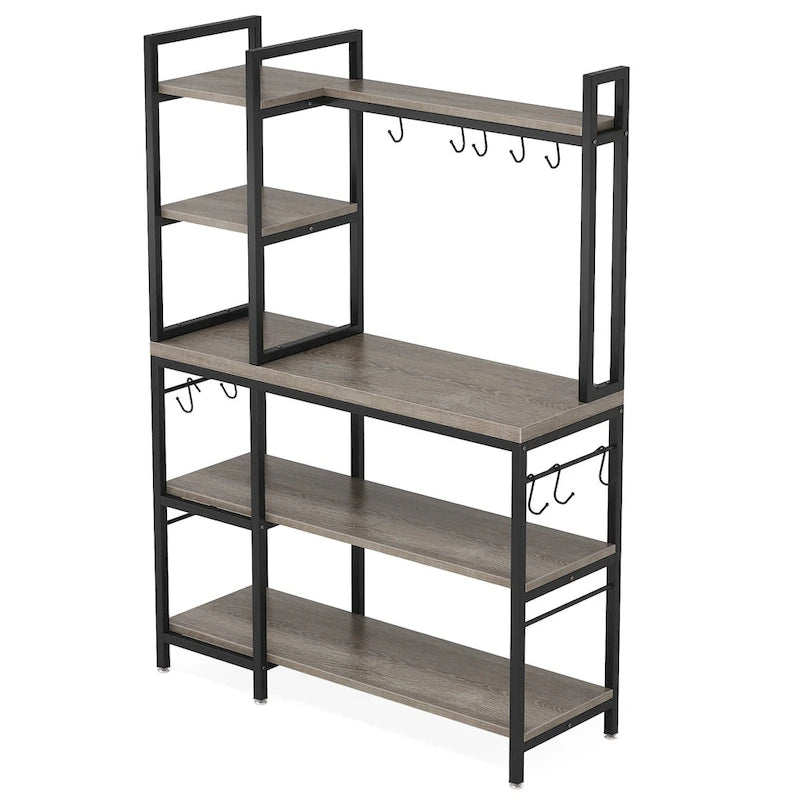Étagère de boulanger en bois industriel marron avec rangement, support de micro-ondes moderne noir, étagère de rangement utilitaire de cuisine à 5 niveaux