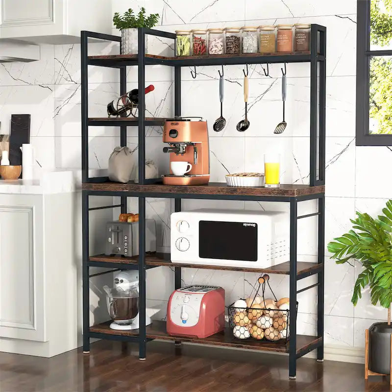 Étagère de boulanger en bois industriel marron avec rangement, support de micro-ondes moderne noir, étagère de rangement utilitaire de cuisine à 5 niveaux