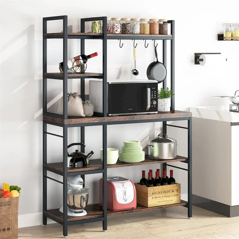 Étagère de boulanger en bois industriel marron avec rangement, support de micro-ondes moderne noir, étagère de rangement utilitaire de cuisine à 5 niveaux