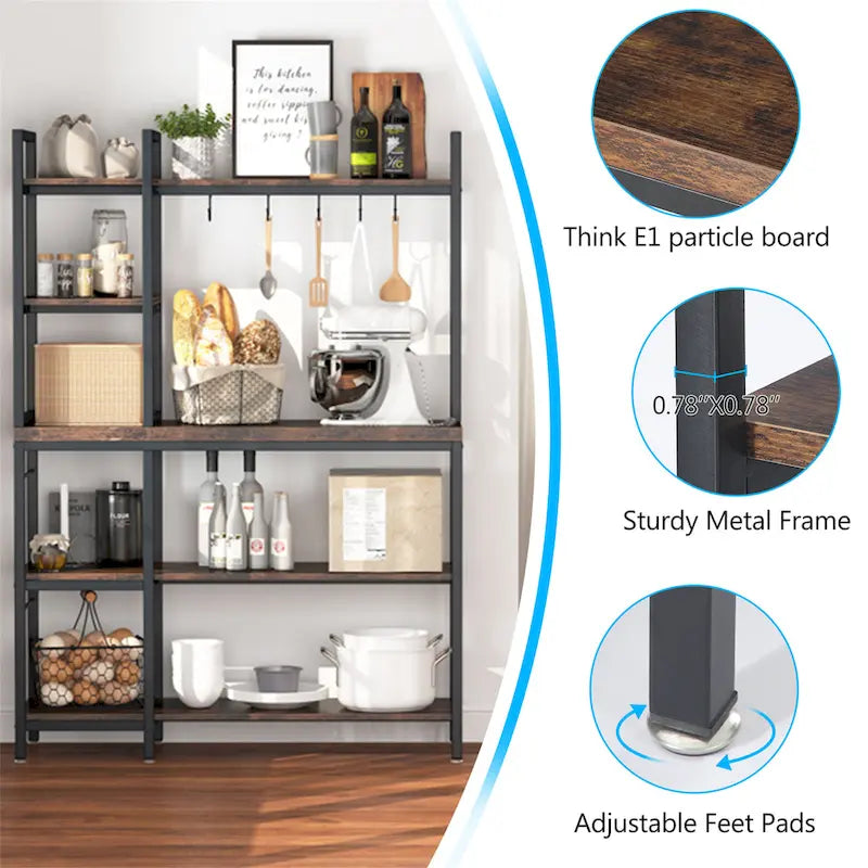 Étagère de boulanger en bois industriel marron avec rangement, support de micro-ondes moderne noir, étagère de rangement utilitaire de cuisine à 5 niveaux