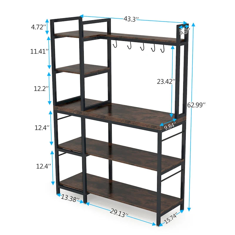 Étagère de boulanger en bois industriel marron avec rangement, support de micro-ondes moderne noir, étagère de rangement utilitaire de cuisine à 5 niveaux