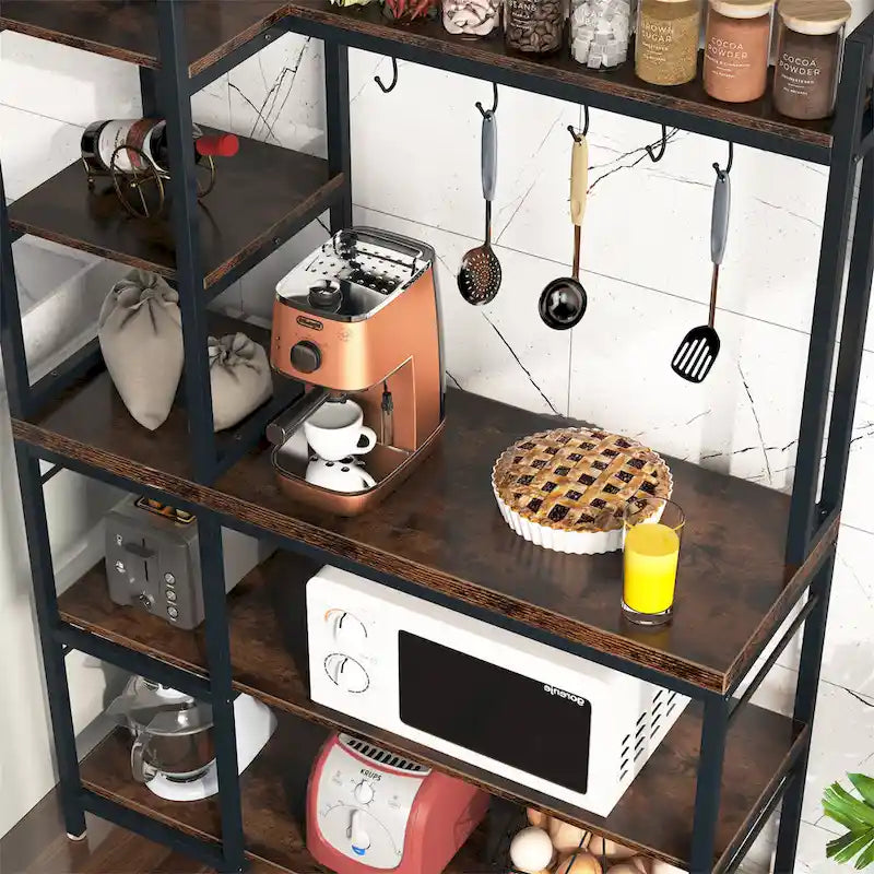 Étagère de boulanger en bois industriel marron avec rangement, support de micro-ondes moderne noir, étagère de rangement utilitaire de cuisine à 5 niveaux