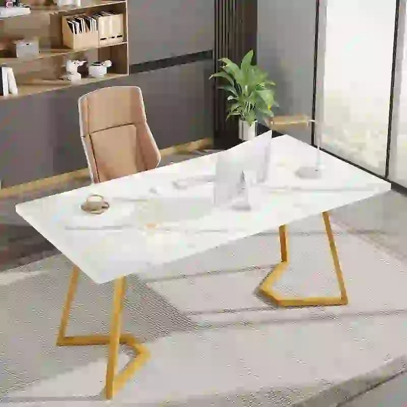 Bureau d'ordinateur à domicile, Bureau de direction en faux marbre blanc et doré de 55 pouces