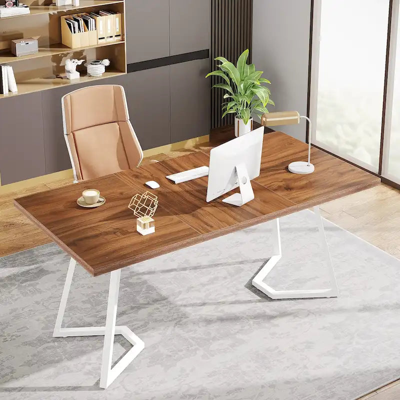 Bureau d'ordinateur à domicile, Bureau de direction en faux marbre blanc et doré de 55 pouces