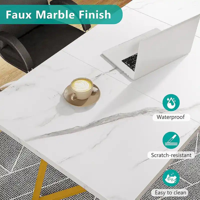 Bureau d'ordinateur à domicile, Bureau de direction en faux marbre blanc et doré de 55 pouces