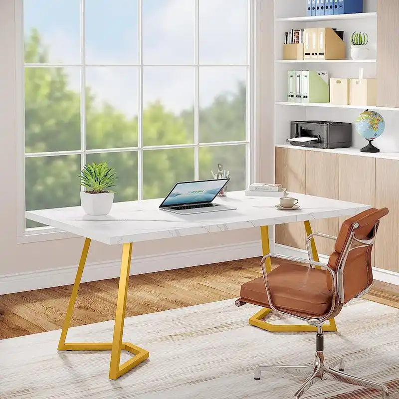 Bureau d'ordinateur à domicile, Bureau de direction en faux marbre blanc et doré de 55 pouces