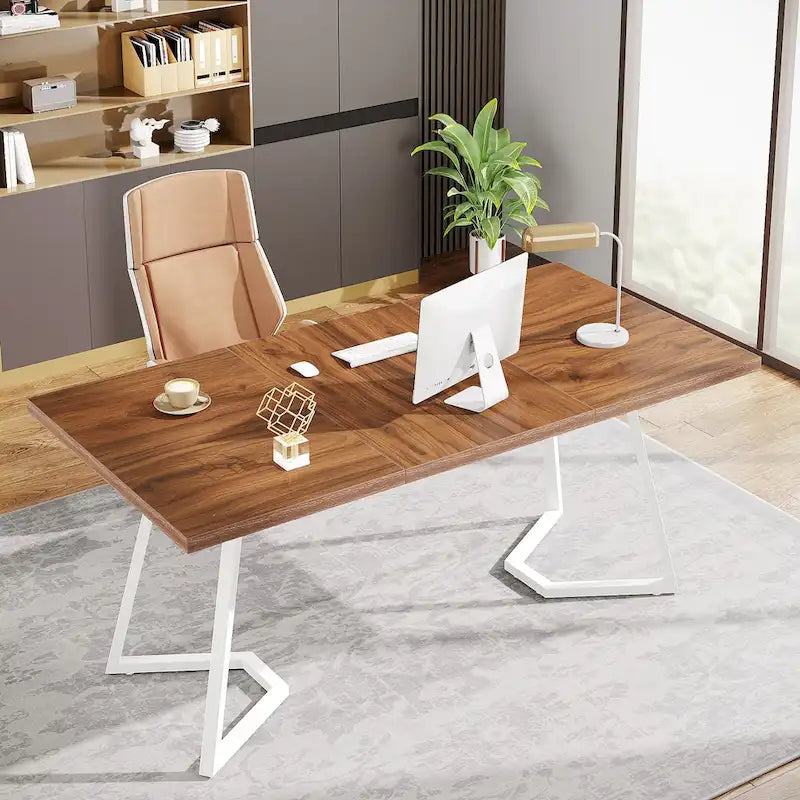 Bureau d'ordinateur à domicile, Bureau de direction en faux marbre blanc et doré de 55 pouces