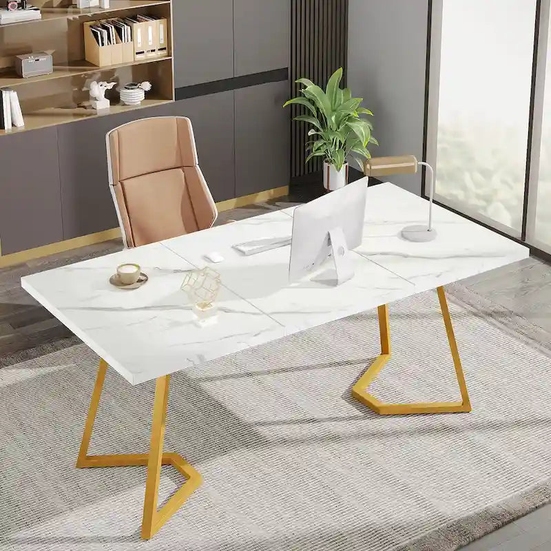 Bureau d'ordinateur à domicile, Bureau de direction en faux marbre blanc et doré de 55 pouces