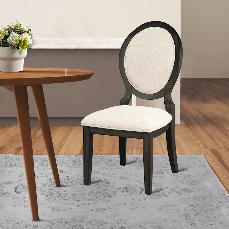 Chaise de salle à manger 20 pouces, dossier ovale rembourré, tissu polylin crème