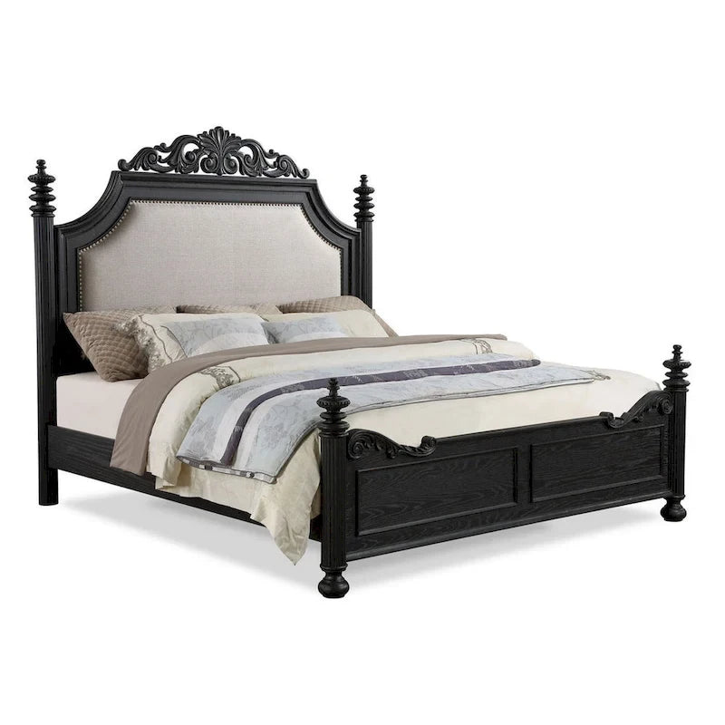 Lit King Size, tête de lit à volutes, revêtement crème, bois noir