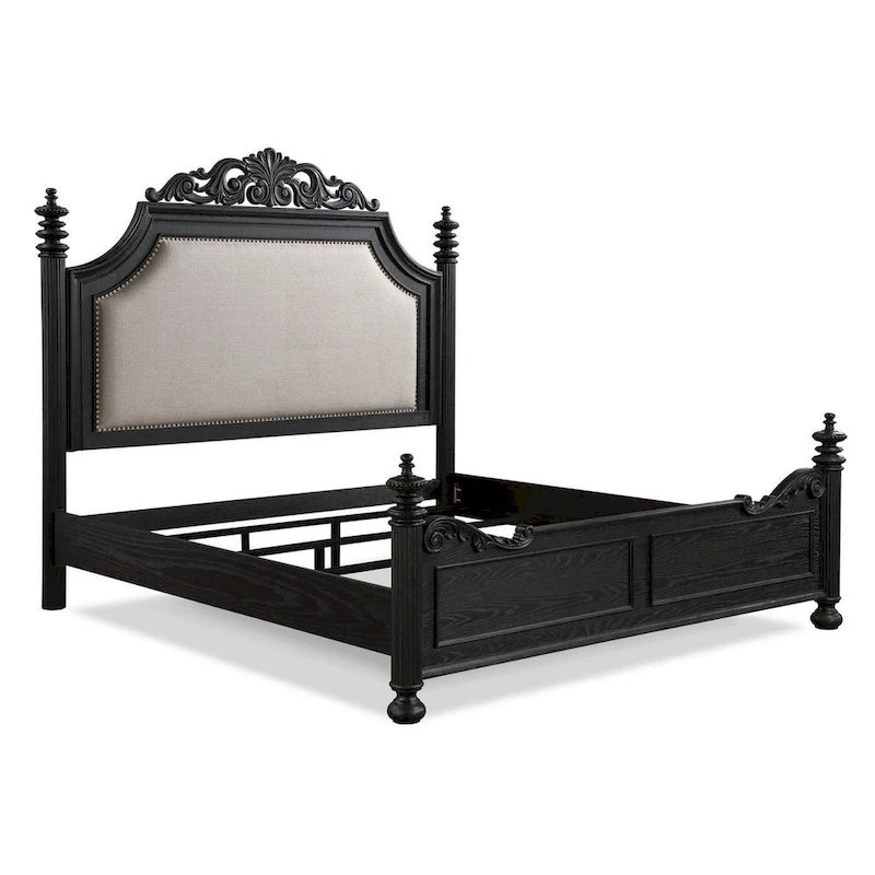 Lit King Size, tête de lit à volutes, revêtement crème, bois noir