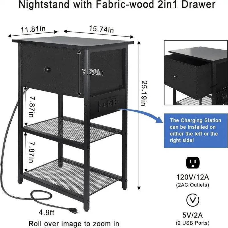 Table de chevet avec station de recharge - 11,81P x 15,74L x 25,19H