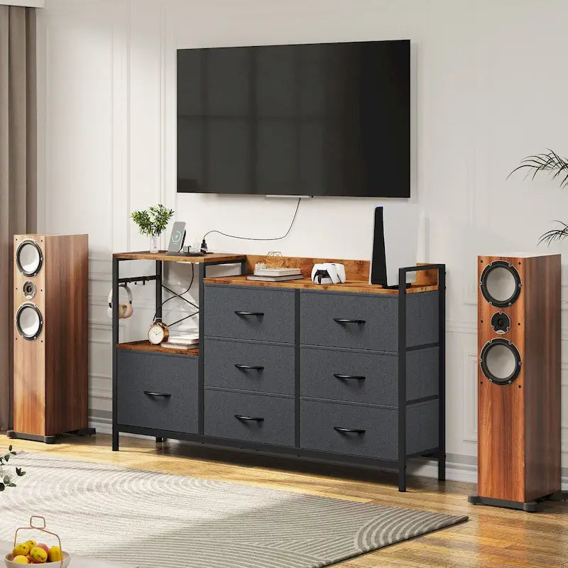 Commode à 7 tiroirs et console multimédia avec station de charge, étagères