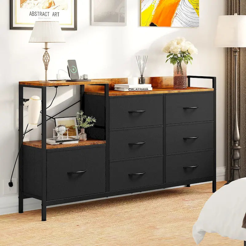 Commode à 7 tiroirs et console multimédia avec station de charge, étagères