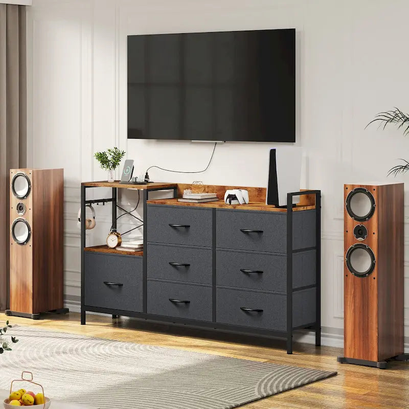 Commode à 7 tiroirs et console multimédia avec station de charge, étagères