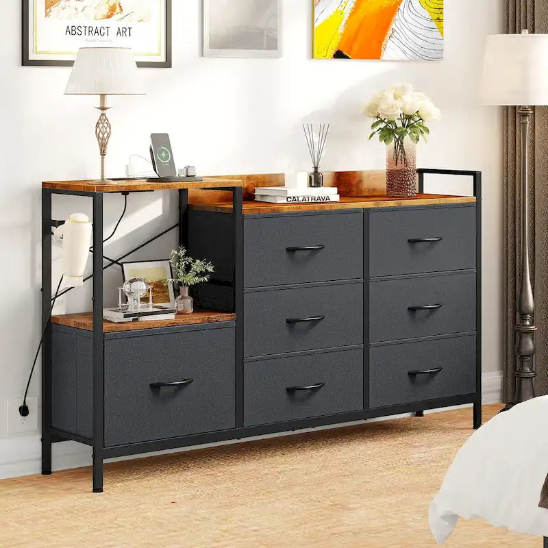 Commode à 7 tiroirs et console multimédia avec station de charge, étagères