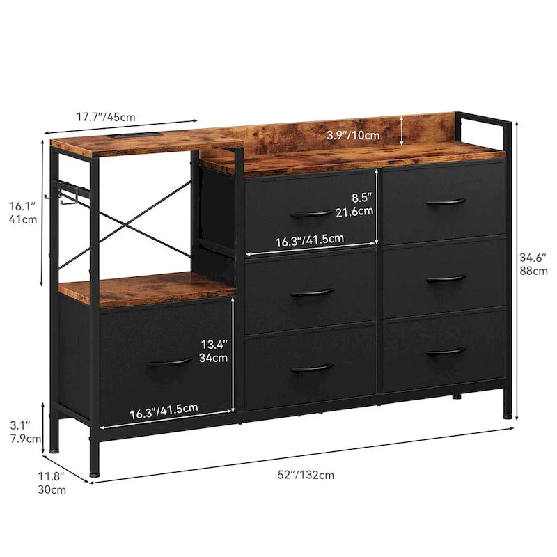 Commode à 7 tiroirs et console multimédia avec station de charge, étagères