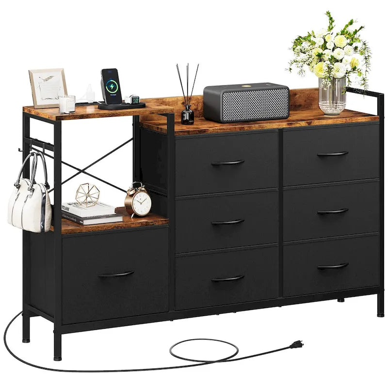 Commode à 7 tiroirs et console multimédia avec station de charge, étagères