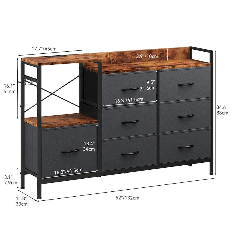 Commode à 7 tiroirs et console multimédia avec station de charge, étagères