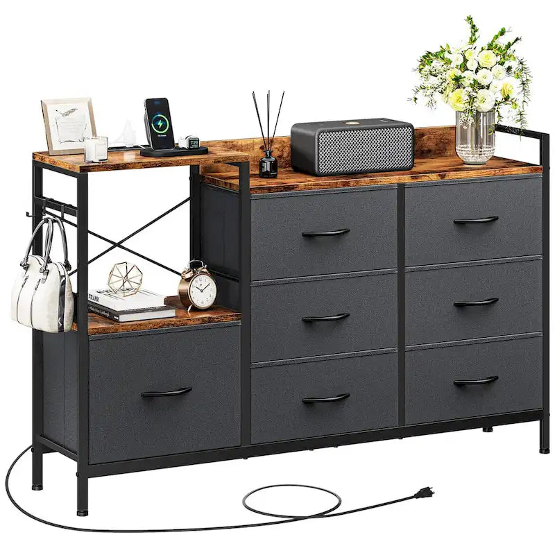 Commode à 7 tiroirs et console multimédia avec station de charge, étagères